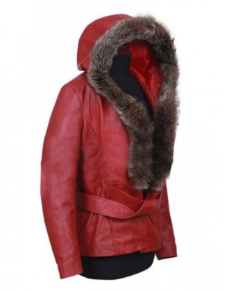 Women Mrs Claus Red Leather Coat Fur Shearling Hood