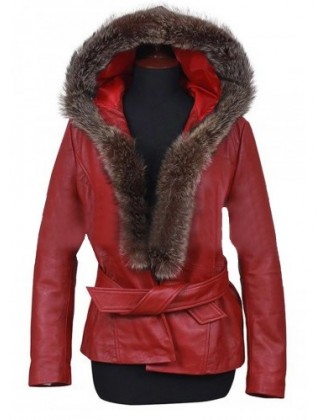 Women Mrs Claus Red Leather Coat Fur Shearling Hood