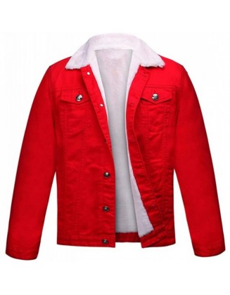Christmas Outfit Fur Denim Red Sherpa Jacket Unisex