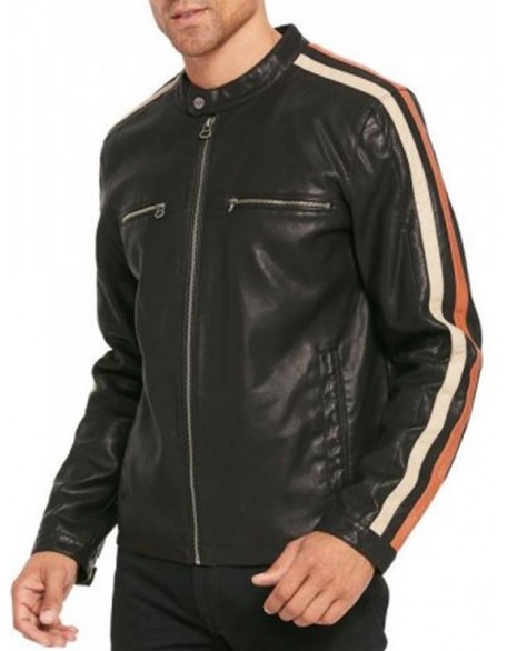 Vintage Biker Striped Black Leather Motorcycle Jacket Faux / Real